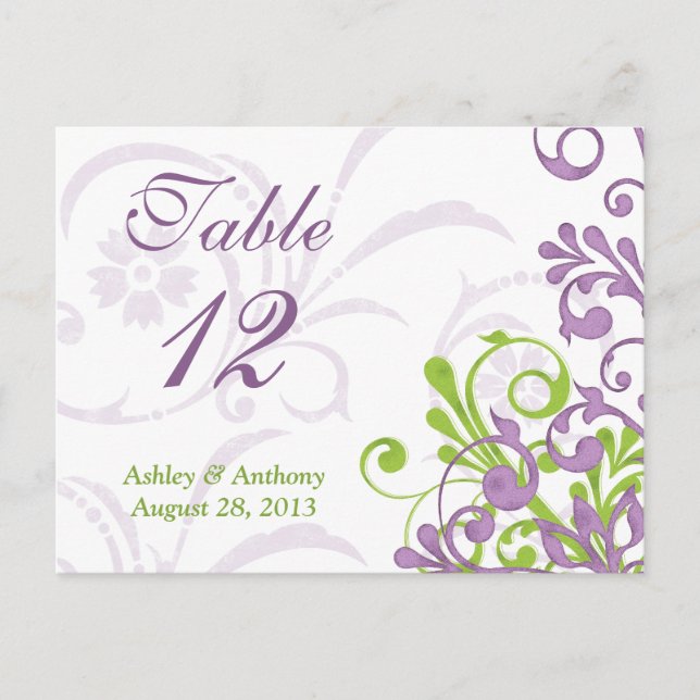 Purple Green White Floral Wedding Table Cards (Front)