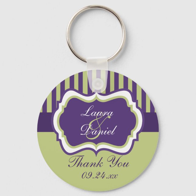 Purple, Green, White Striped Wedding Favour Key Ring (Front)