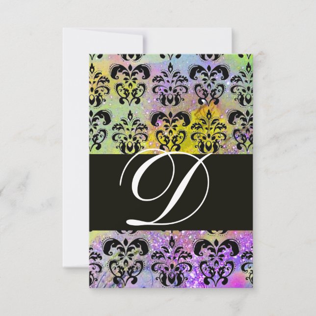 PURPLE GREEN YELLOW BLACK  DAMASK MONOGRAM RSVP CARD (Front)