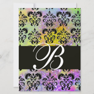 PURPLE GREEN YELLOW BLACK  DAMASK MONOGRAM , white Invitation