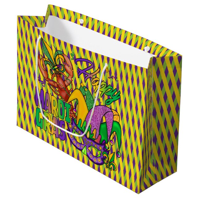 PURPLE GREEN YELLOW DIAMONDS HAPPY MARDI GRAS LARGE GIFT BAG (Front Angled)