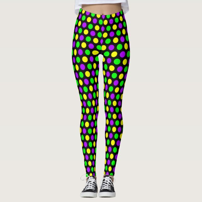 Purple Green Yellow Dots Black Mardi Gras Leggings (Front)