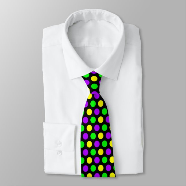 Purple Green Yellow Dots Black Mardi Gras Tie (Tied)