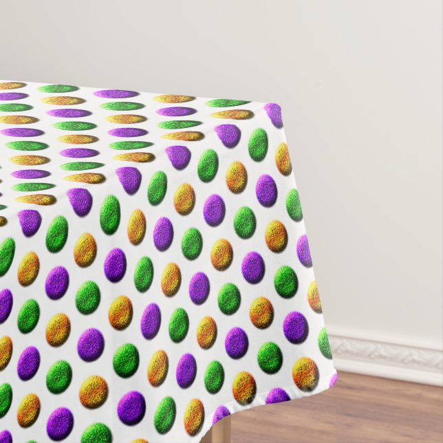 Purple Green Yellow Dots White Mardi Gras Tablecloth (In Situ)