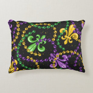 PURPLE GREEN YELLOW MARDI GRAS BEADS  DECORATIVE CUSHION