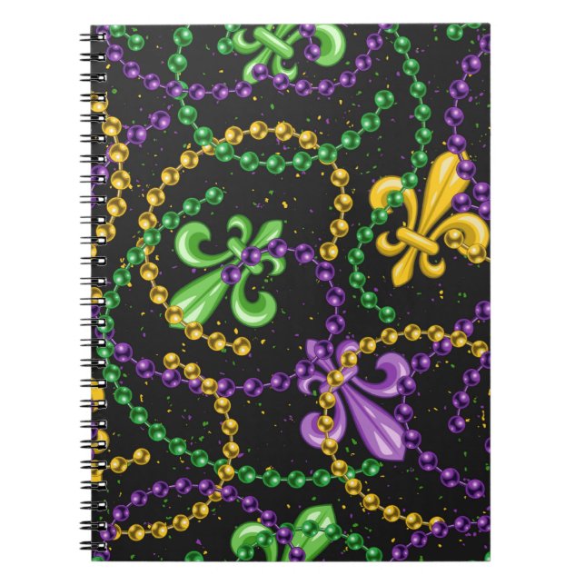 PURPLE GREEN YELLOW MARDI GRAS BEADS & FLEUR NOTEBOOK (Front)