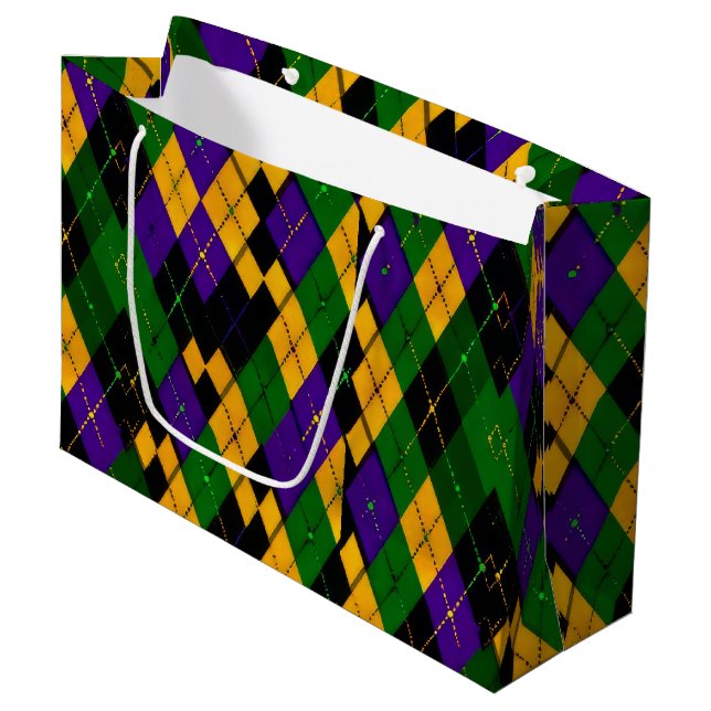 PURPLE GREEN YELLOW MARDI GRAS DIAMOND PATTERN LARGE GIFT BAG (Front Angled)