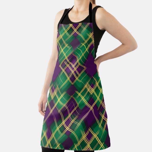 PURPLE GREEN YELLOW MARDI GRAS PLAID PATTERN APRON (Insitu)