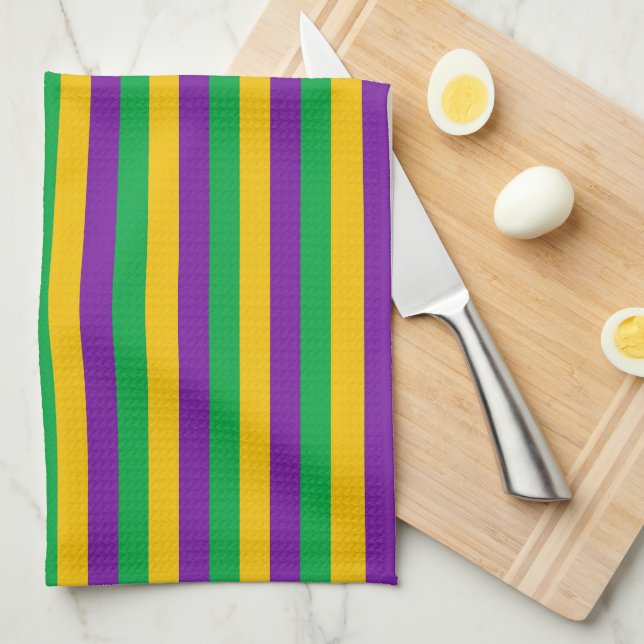 PURPLE GREEN YELLOW MARDI GRAS STRIPES TEA TOWEL (Quarter Fold)