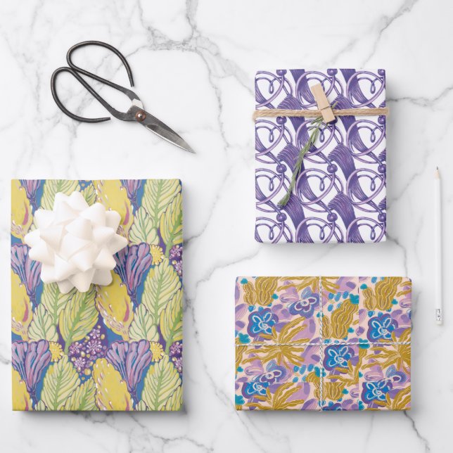 Purple Green Yellow Ornamental Floral Pattern. Wrapping Paper Sheet (Front)