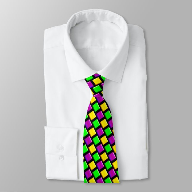 Purple Green Yellow Pattern Black Mardi Gras Tie (Tied)