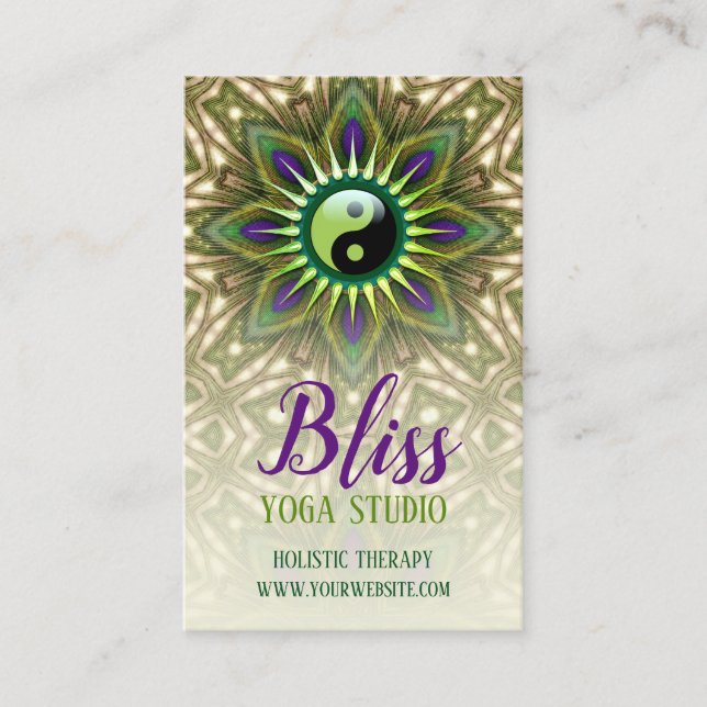 Purple Green Yin Yang Holistic Energy Bliss Yoga Business Card (Front)