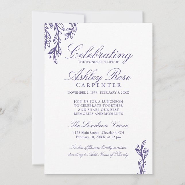 Purple Greenery Celebration of Life Memorial  Invitation (Front)