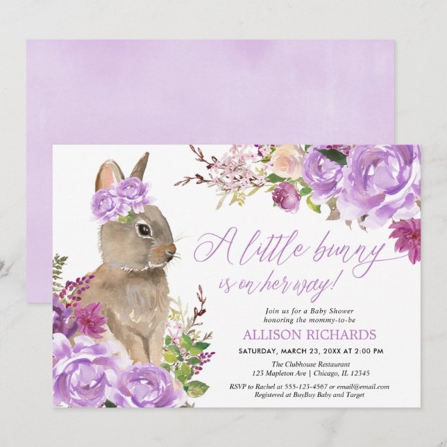Purple greenery Easter bunny girl baby shower Invitation (Front/Back)