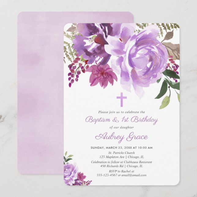 Purple greenery floral baptism 1st first birthday invitation (Front/Back)