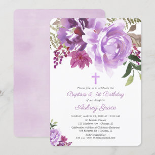 Purple greenery floral baptism 1st first birthday invitation