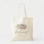 Purple Greenery Floral Bridesmaid Calligraphy Tote Bag<br><div class="desc">This stylish and trendy tote bag features "bridesmaid" in a modern sophisticated hand-lettered styled script. Accents by whimsical watercolor flowers,  leaves and roses in shades of purple. Personalise the name using the template field. Be sure to visit the collection to see coordinating items!</div>