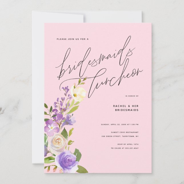 Purple Greenery Floral Bridesmaids Luncheon Blush Invitation (Front)