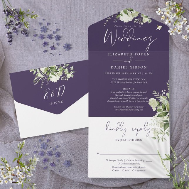 Purple Greenery Floral Details RSVP Wedding All In One Invitation (Purple Greenery Floral Details RSVP Wedding All In One Invitation)
