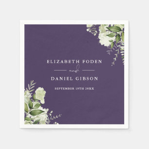 Purple Greenery Floral Elegant Names Date Napkin