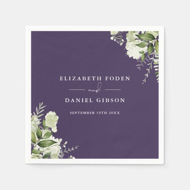 Purple Greenery Floral Elegant Names Date Napkin (Front)
