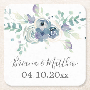 Purple Greenery Floral Elegant Wedding Square Paper Coaster
