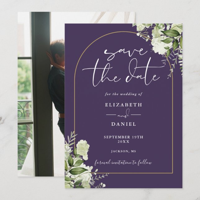 Purple Greenery Floral Gold Arch Photo Wedding Save The Date (Front/Back)