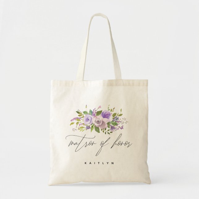 Purple Greenery Floral MATRON OF HONOR Calligraphy Tote Bag (Front)