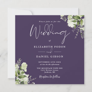 Purple Greenery Floral Monogram Square Wedding Invitation