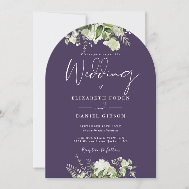 Purple Greenery Floral QR Code Wedding Arch Invitation (Front)