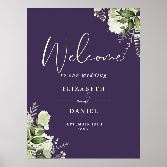 Purple Greenery Floral Wedding Welcome Sign (Front)