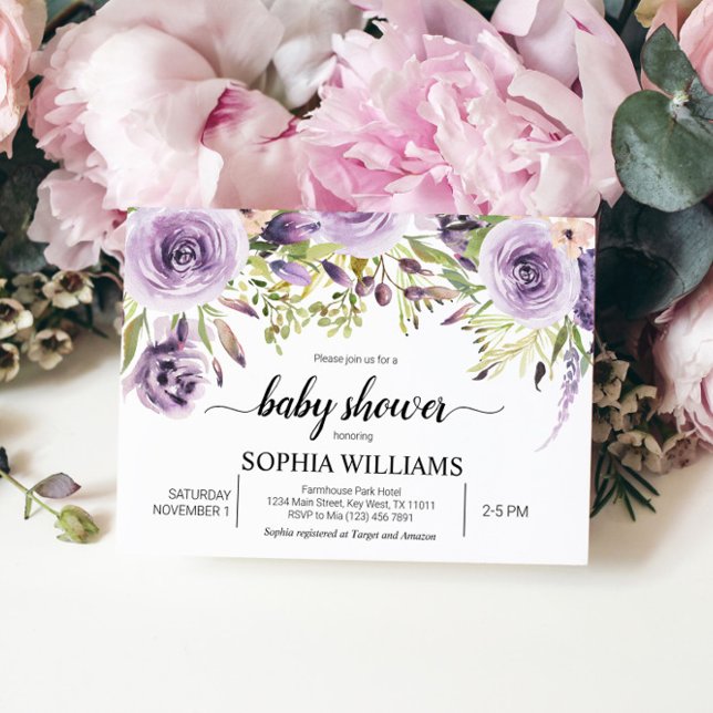 Purple & Greenery Flowers Baby Shower Invitation (Creator Uploaded)