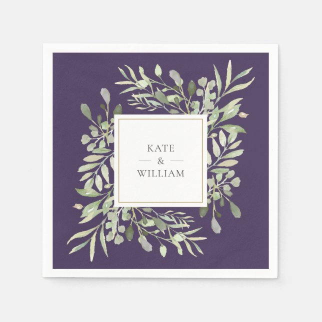 Purple Greenery Foliage Wedding Napkins (Front)