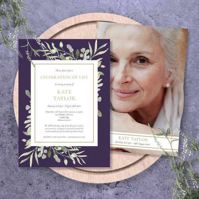 Purple Greenery Funeral Celebration of Life Photo Invitation (Purple Greenery Funeral Celebration of Life Photo Invitation)