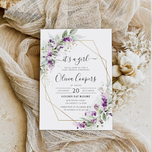 Purple Greenery Lavender Baby Shower Invitation