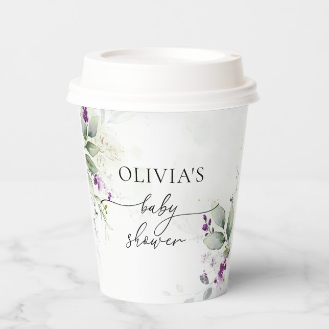 Purple Greenery Lavender Baby Shower Paper Cups (Front)