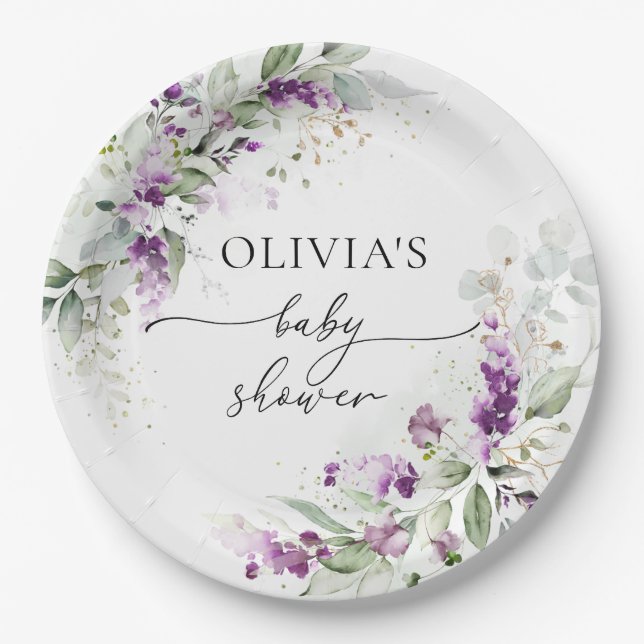 Purple Greenery Lavender Baby Shower Paper Plate (Front)
