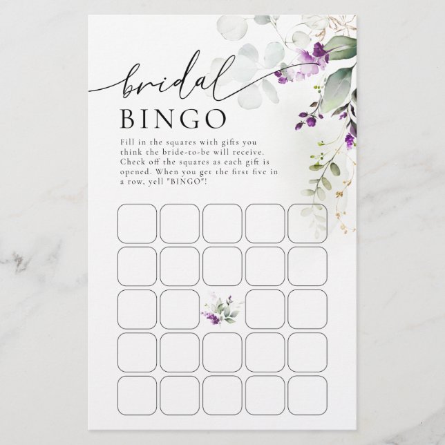 Purple Greenery Lavender Bridal Bingo (Front)