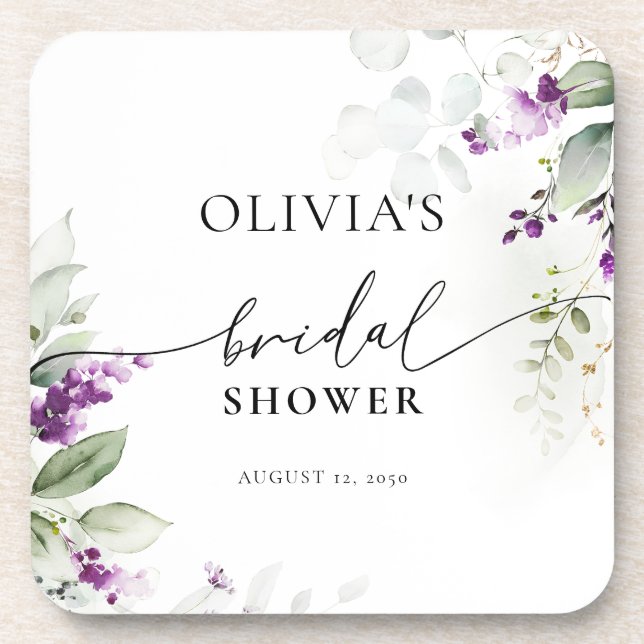 Purple Greenery Lavender Bridal Shower Coasters (Front)