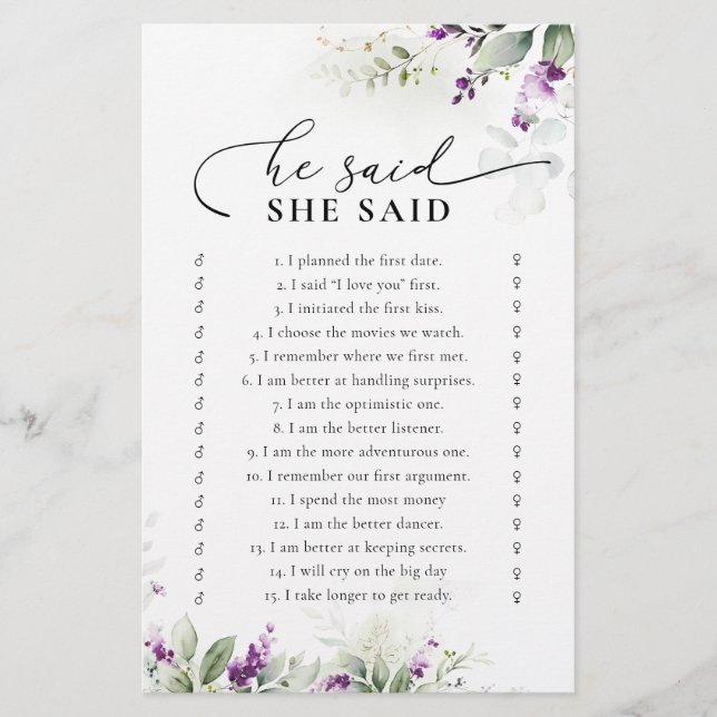 Purple Greenery Lavender Bridal Shower Game (Front)