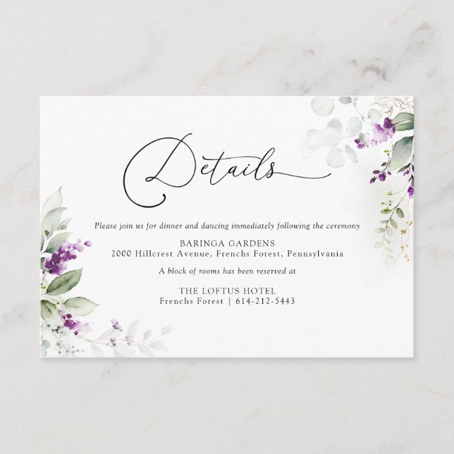 Purple Greenery Lavender Wedding Enclosure Card (Front)