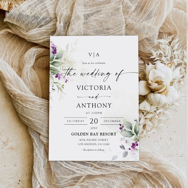 Purple Greenery Lavender Wedding Invitation (Creator Uploaded)