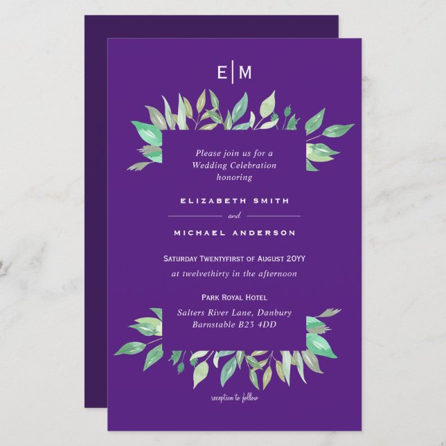 Purple Greenery Leaves Budget Wedding Invites A9 (Front/Back)
