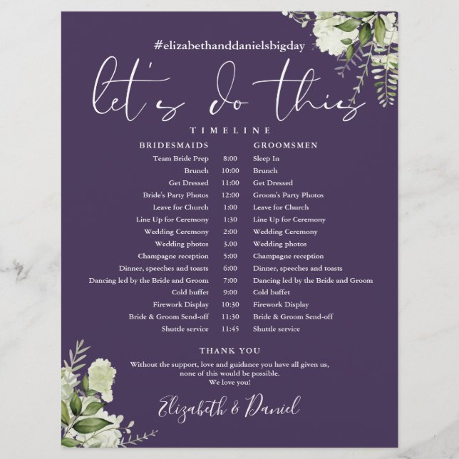 Purple Greenery Wedding Schedule Timeline (Front)