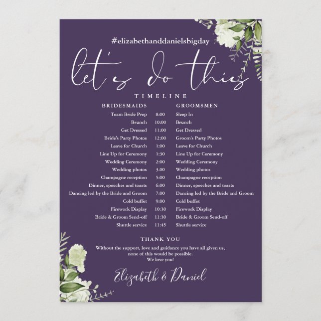Purple Greenery Wedding Schedule Timeline Programme (Front)