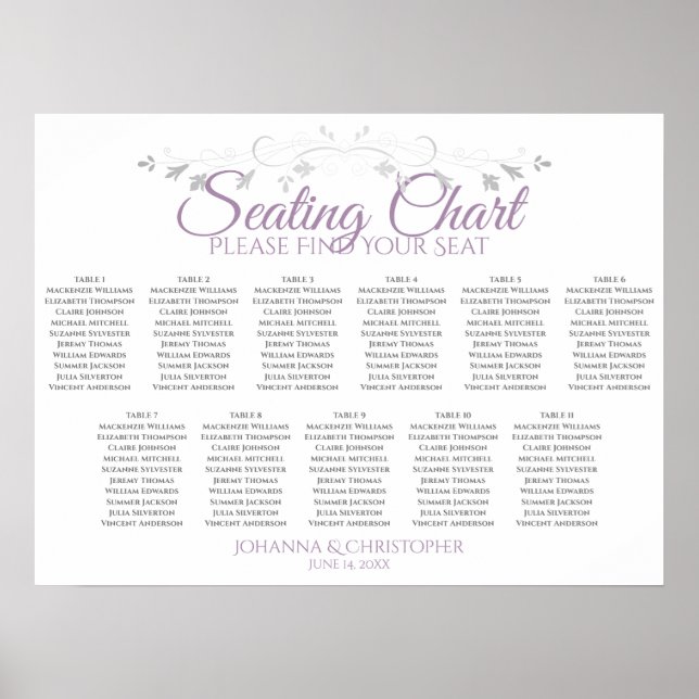 Purple & Grey 11 Table Wedding Seating Chart (Front)