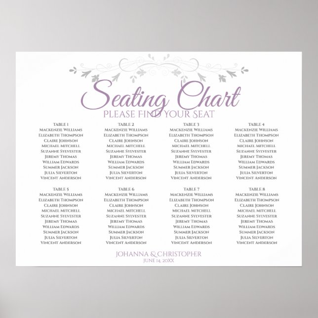 Purple & Grey 8 Table Wedding Seating Chart (Front)