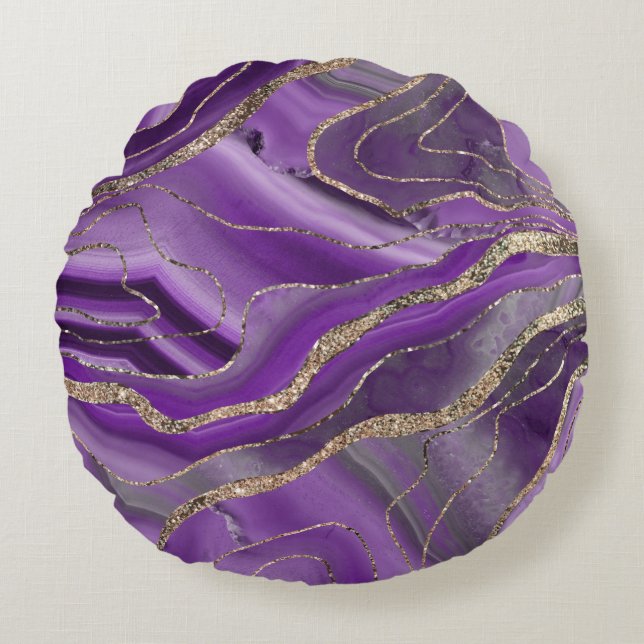 Purple Grey Agate Gold Glitter Glam #1  Round Cushion (Front)