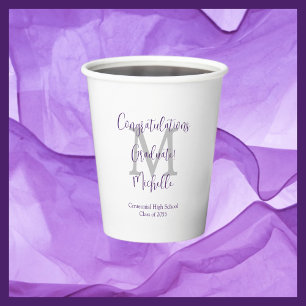 Purple Grey and White Monogrammed Graduation Party Paper Cups