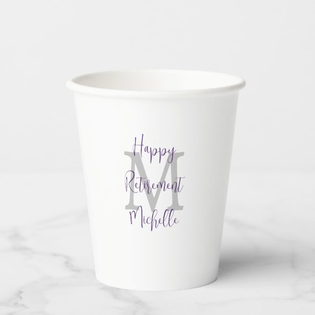 Purple Grey and White Monogrammed Retirement Party Paper Cups (Front)